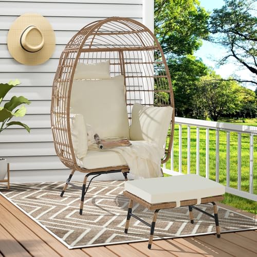 Wicker Egg Chair, Rattan Egg Chair Indoor Outdoor, Oversized Large Egg Chairs with Ottoman and Thick Cushions for Porch Backyard Balcony, Beige