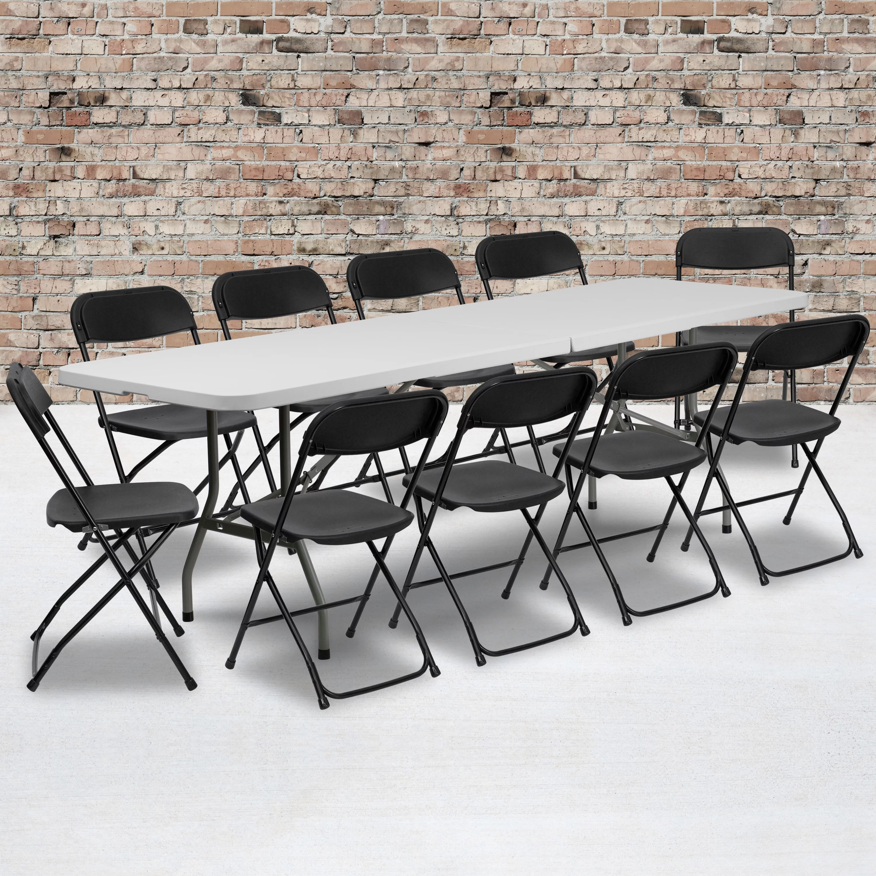 Emma + Oliver 8' Bi-Fold White Plastic Event/Training Folding Table Set w/ 10 Folding Chairs