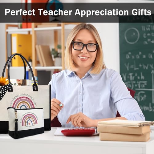 BeeGreen Mother's Day Gifts Personalized Women's Large White and Black Canvas Tote Bag, Embroidered Initials, Leather Handle, Zipper Closure