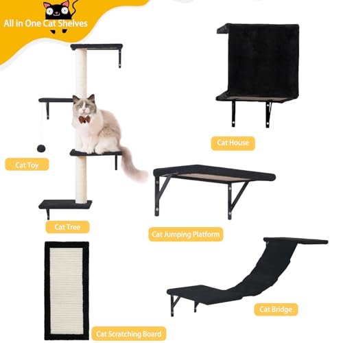 Modern Wall-Mounted Cat Furniture - 5pcs Cat Wall Shelves, Wooden Climber Includes House, Bridge, Tree, Steps, and Scratcher (Black)