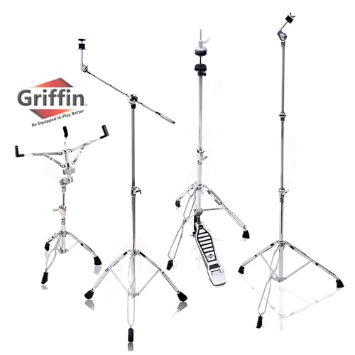 GRIFFIN 4 Piece Drum Hardware Pack (Percussion TiltPro X Edition) – Cymbal Boom & Straight Stand, Hi-Hat Pedal & Snare Mount – Lightweight Set for Gigs