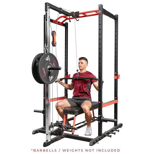 Sunny Health & Fitness Power Zone Strength Rack Power Cage - 1000 LB Weight Capacity, Spotter Bar, Angled Pull-Up Bar, J-Hooks, Resistance Band Pins, Optional LAT Pull Down