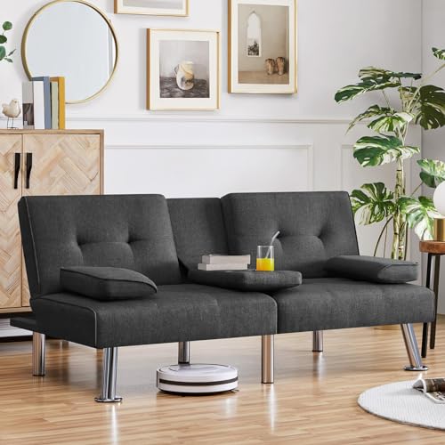 Yaheetech Convertible Sofa Bed Adjustable Fabric Couch Sleeper Modern Recliner Reversible Loveseat Folding Daybed Guest Bed, Removable Armrests, Cup Holders, 3 Angles, 772lb Capacity, Dark Gray