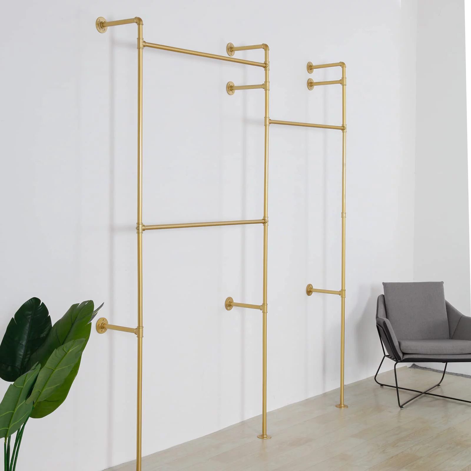 SSS Furniture Modern Simple Industrial Pipe Double Hanging Rods Clothing Rack, Clothes Rack Wall Mounted Heavy Duty Hanging Clothes Rack, Detachable Garment Bar 93.3X82.7inch (Gold)