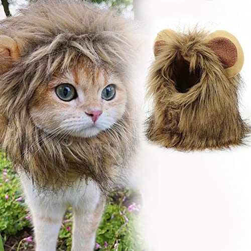 Lion Mane Cat Wig, Hat for Dogs and Cat Small Pet Cat Decor, Wig Fancy Hair Cap, Funny Pet Cat Costumes for Halloween Christmas. (L, Brown)