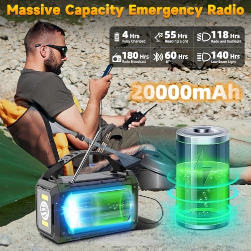 20000mAh Hand Crank Emergency Radio,AM/FM NOAA Weather Radio with 74000mWh Power Bank Cell Phone Charger,Solar Radio with LED Flashlight,USB Charged,Compass,SOS Alarm Camping & Survival(Grass Green)