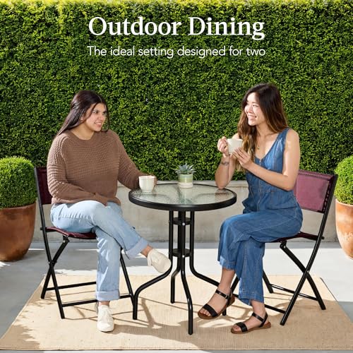 Best Choice Products 3-Piece Patio Bistro Dining Furniture Set w/Glass Tabletop, 2 Folding Chairs, Steel Frame, Polyester Fabric - Gray