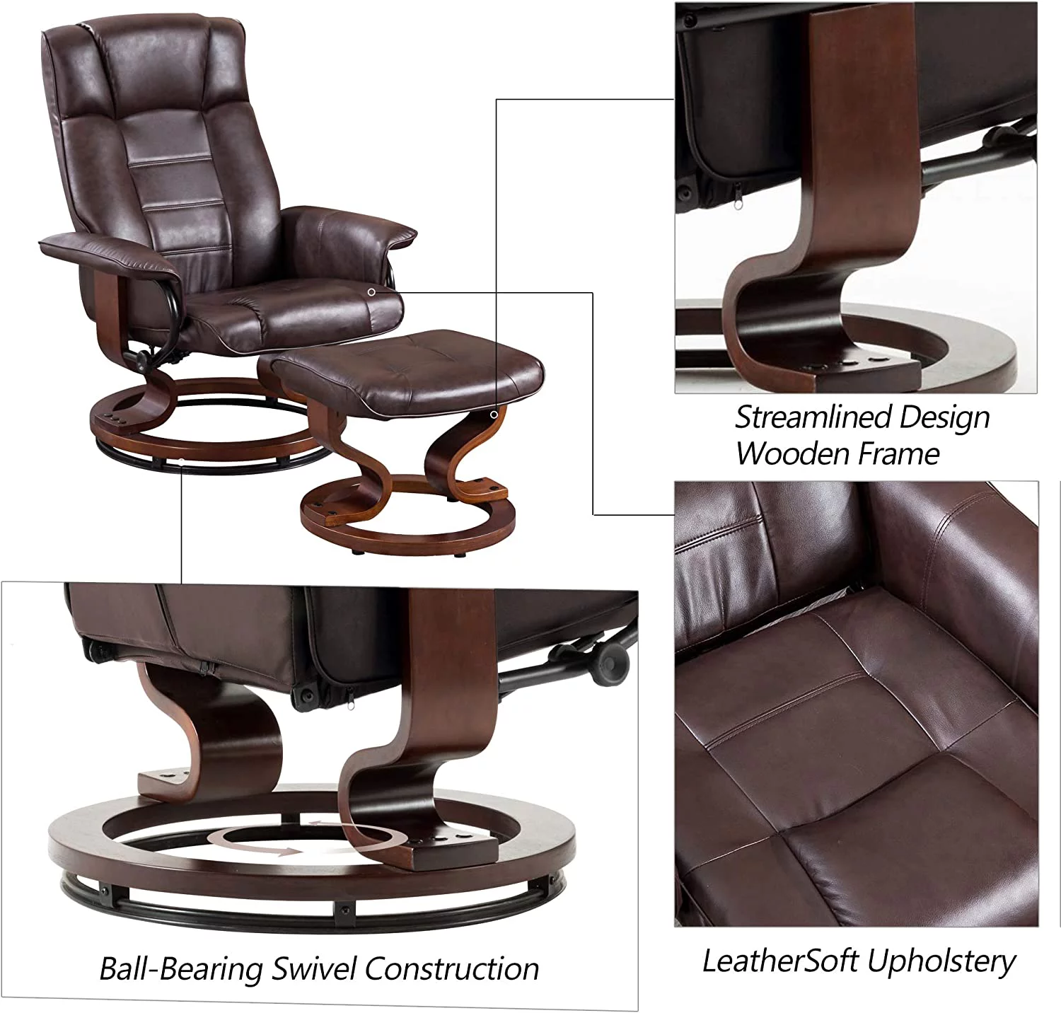 MCombo Swiveling Recliner Chair with Wrapped Wood Base and Matching Ottoman Footrest  Furniture Casual Chair  Faux Leather 9019 (Cream White)