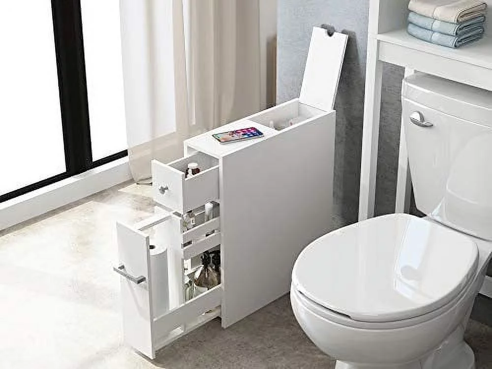 Spirich Home Slim Bathroom Storage Cabinet, Free Standing Toilet Paper Holder, Bathroom Cabinet Slide Out Drawer Storage,White