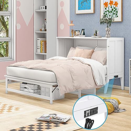 SOFTSEA Queen Size Murphy Bed with Bookcase, Bedside Shelves and Big Drawer, Storage Folding Wall Bed for Office Home Small Room Study, White