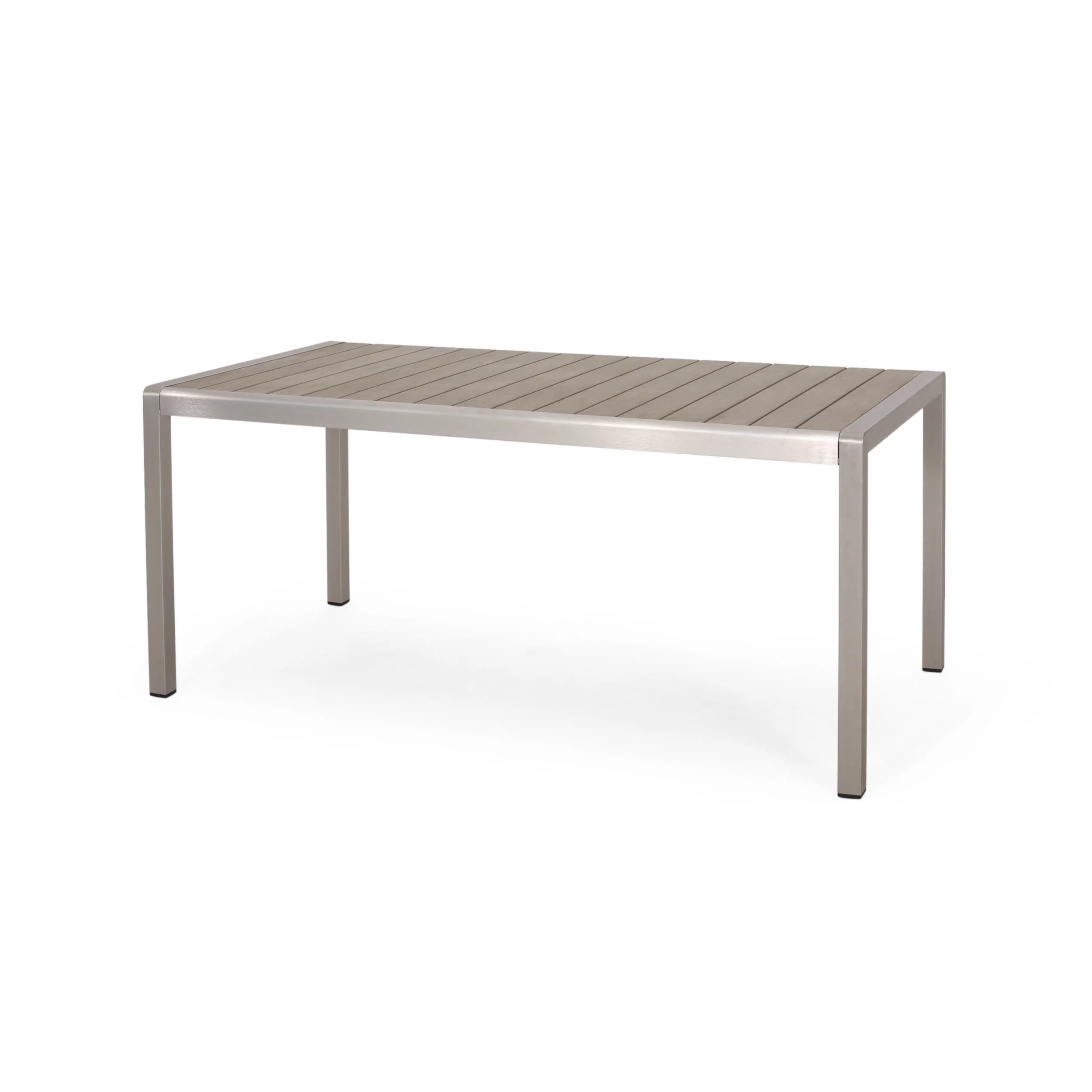 GDF Studio Crested Bay Outdoor Aluminum Dining Table with Faux Wood Top, Silver and Natural