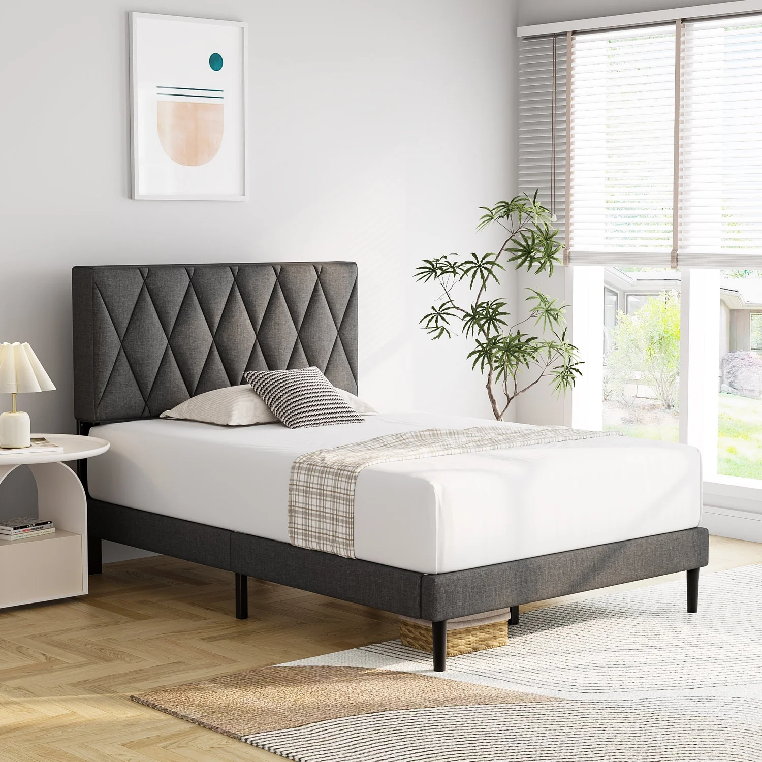 HAIIDE Twin Bed Frame with Headboard, Upholstered Platform Bed with Wood Slat Support, Dark Grey
