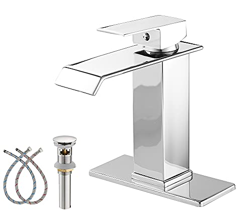 White Gold Faucet Bathroom Vessel Sink Golden Waterfall Spout Faucet Single Handle Bowl Sink Faucet Modern Single Hole Basin Vanity Tall Bathroom Sink Faucet with Pop Up Drain Stopper Supply Hose