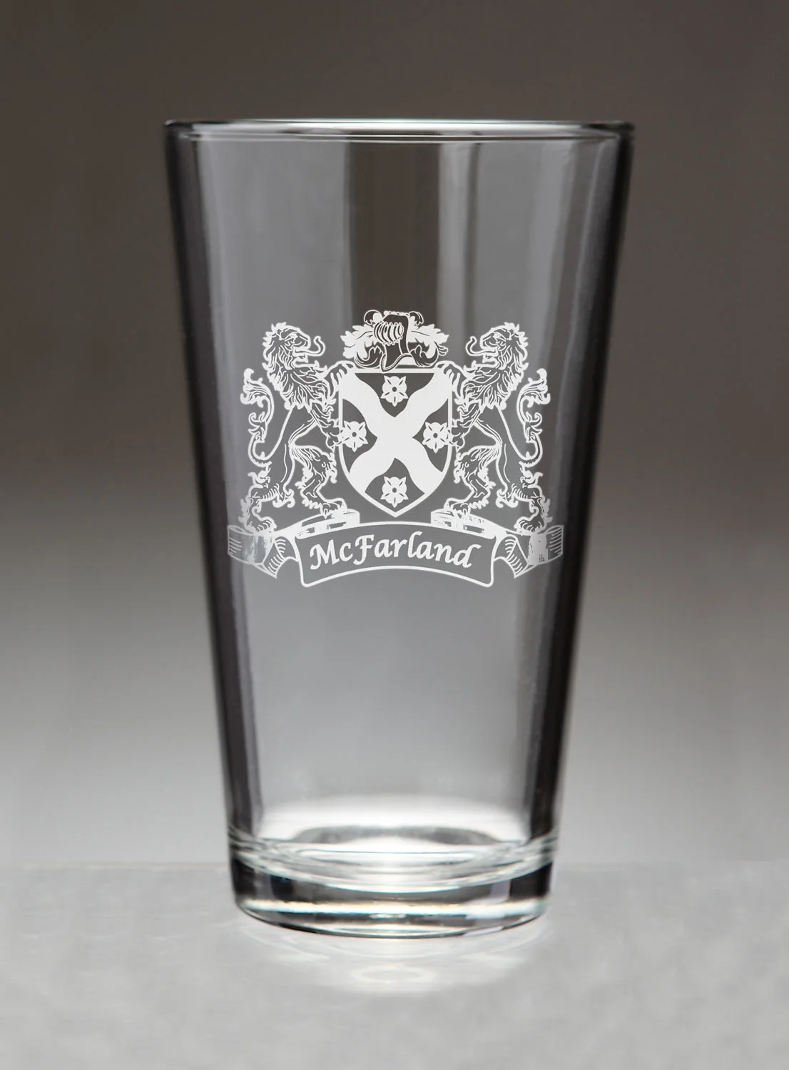 McFarland Irish Coat of Arms Lions Pint Glasses (Sand Etched)