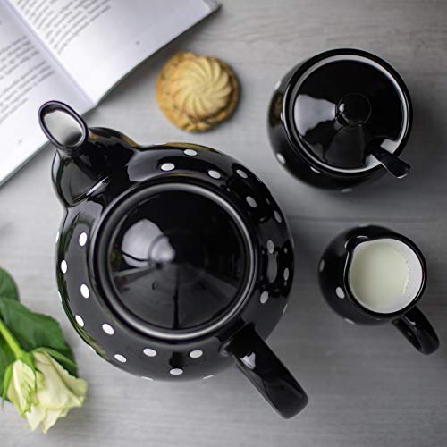 Handmade Black and White Polka Dot Large Ceramic 1,7l/60oz/4-6 Cup Teapot, Milk Jug, Sugar Bowl Set, Pottery Tea Set, Housewarming Gift for Tea Lovers by City to Cottage®