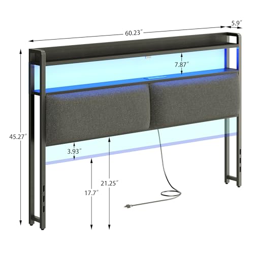 Headboard for King Size Bed Frame, Headboards with Outlets, USB Ports and 60,000 DIY Color LED Light, Upholstered Head Board with Storage, Height Adjustable, Black BT01CRB