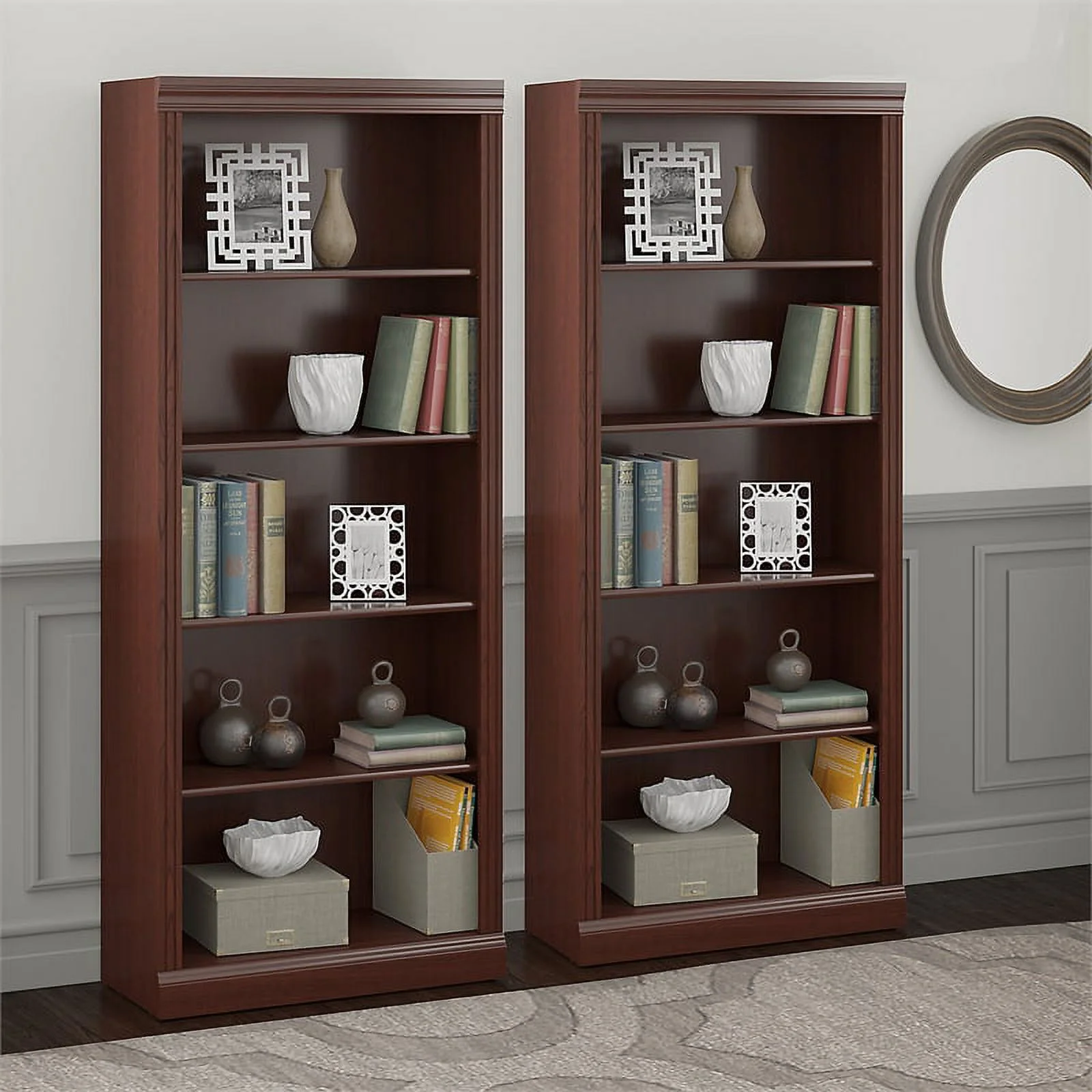 Pemberly Row Tall 5 Shelf Bookcase Set of 2 in Harvest Cherry - Engineered Wood