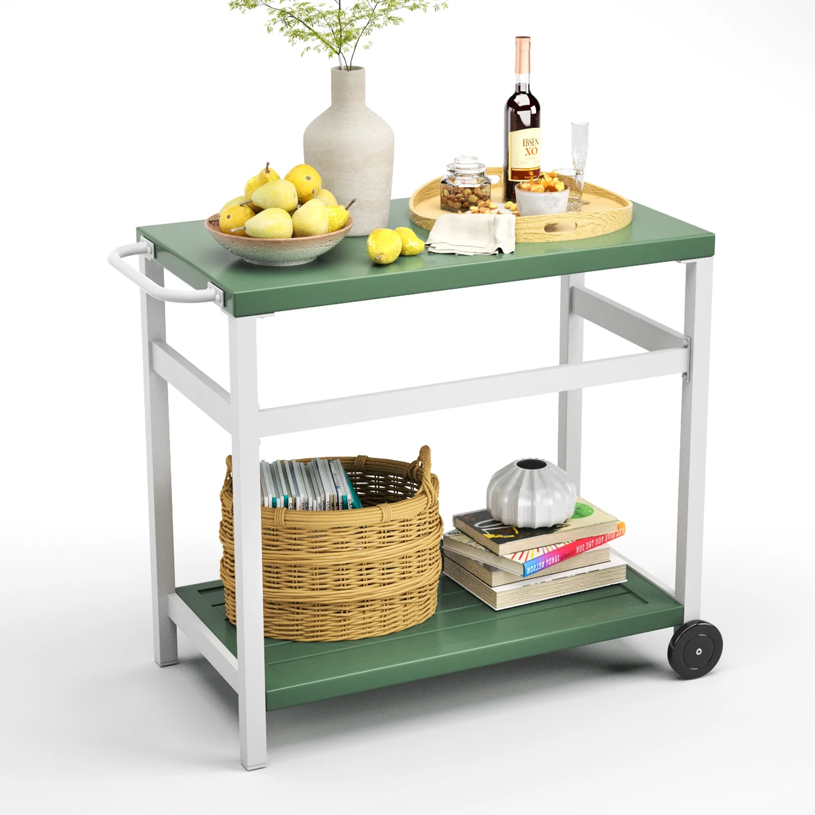 Efurden Outdoor Dining Cart Table, Movable Aluminum Grill Table with Wheels, Kitchen Cart for Backyard Garde Lawn (White Green)