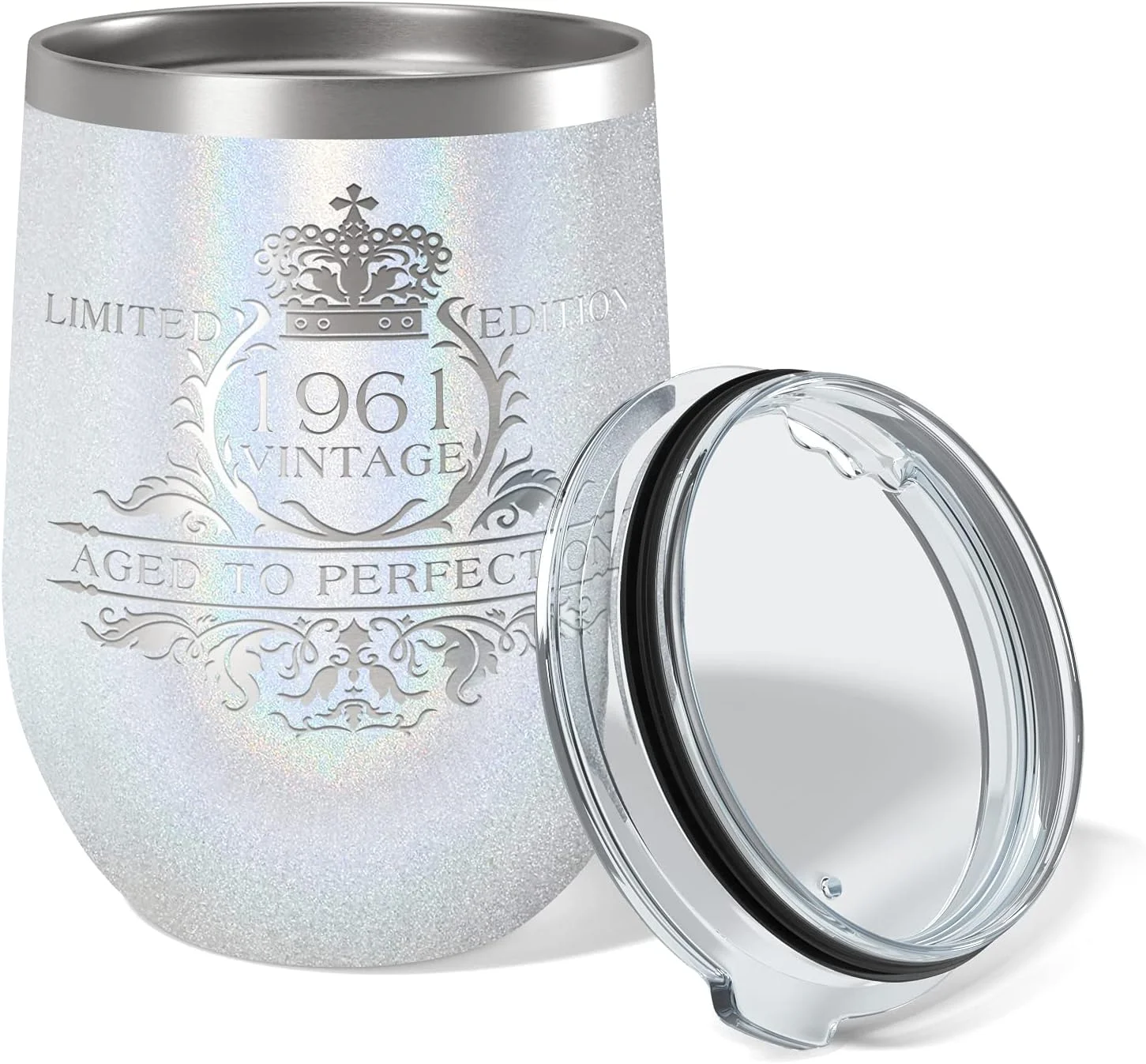 1961 60Th Birthday Gift Vintage Edition Laser Engraved On 12 Oz White Glitter Wine