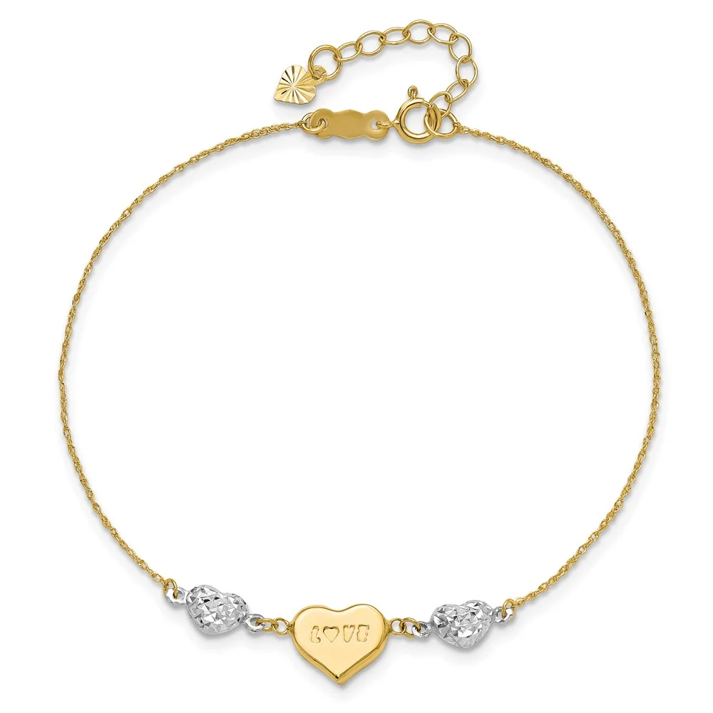 Primal Gold 14 Karat Two-Tone Puffed Love Heart and Diamond-cut Hearts Bracelet