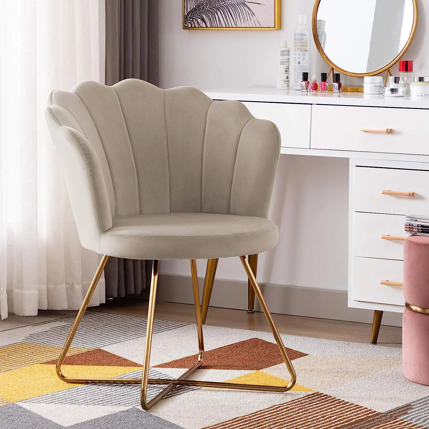 Duhome Velvet Accent Chair for Bedroom Glam Makeup Vanity Chair with Back Cute Desk Chair No Wheels with Gold Metal Legs, Khaki