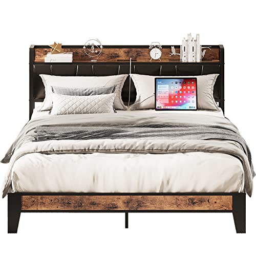LIKIMIO Twin Bed Frames, Storage Headboard with Charging Station, Solid and Stable, Noise Free, No Box Spring Needed, Easy Assembly, Wood and Cream
