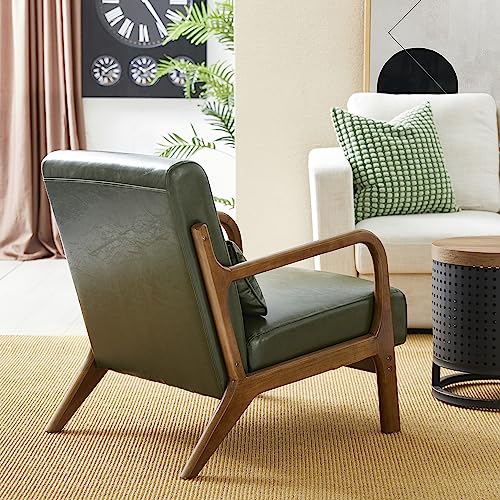 Glitzhome 2 Set Mid Century Black Accent Armchair, Single Reading Armchair PU Leather Lounge Chair with Walnut Ruberwood Frame