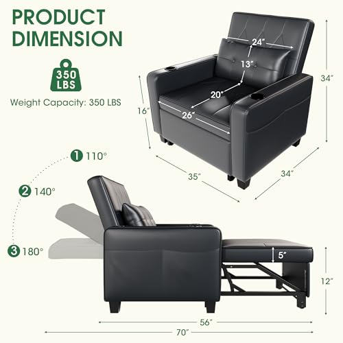 3-in-1 Convertible Sofa Chair Bed, Pull Out Leather Recliner Sleeper Sofa Chair Bed Couch with Cup Holders, USB & Type C Port,Side Pockets, Perfect for Living Room,Bedroom,Office (Black)