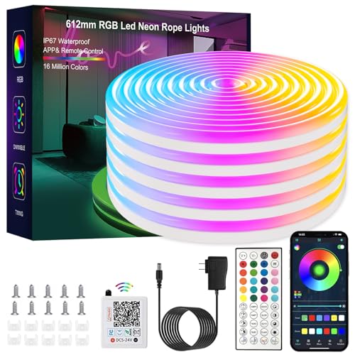 16.4FT Neon Rope Lights,RGB LED Strip Lights,App Control,IR Remote,Music Syncing,Outdoor IP67 Waterproof,Flexible Led Rope Lights,Cuttable,for Bedroom,Gaming,Party,Outdoors Decor