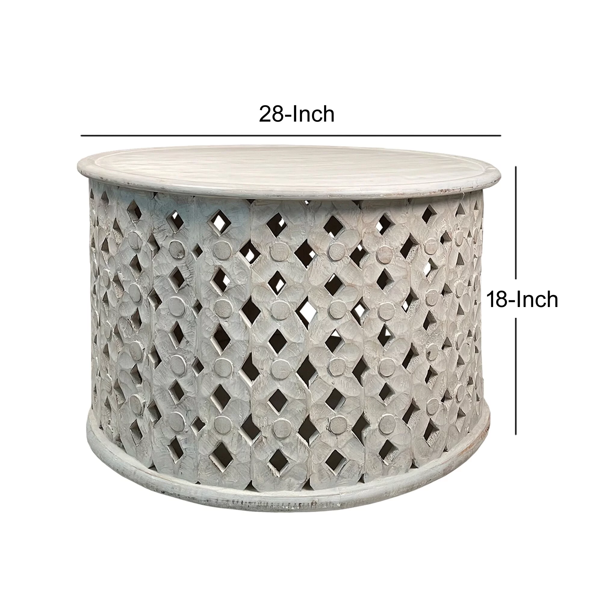 28 Inch Artisanal Round Mango Wood Coffee Table, Intricate Diamond Lattice Cut Out Frame, Washed White