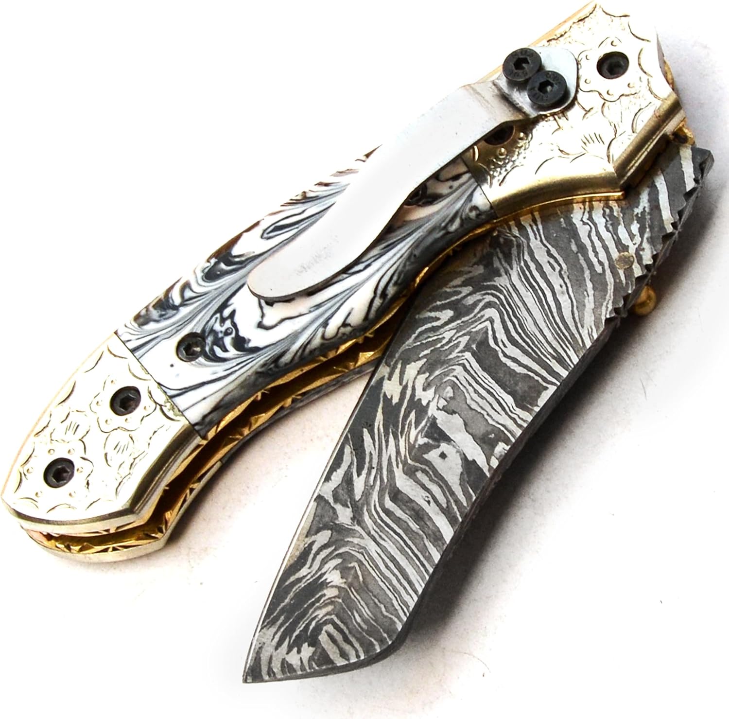 FOL-9775 Handmade Damascus Steel Folding Pocket Hunting Knife with Sheath