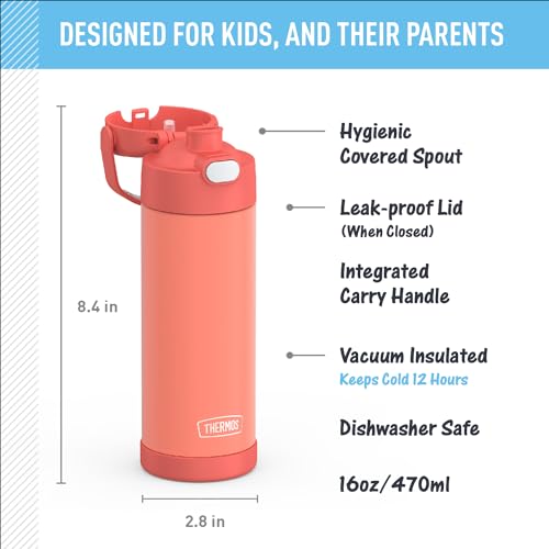 THERMOS FUNTAINER 16 Ounce Stainless Steel Vacuum Insulated Bottle with Wide Spout Lid, Apricot