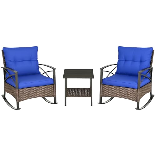 Outsunny 3 Piece Patio Rocking Chair Set, Outdoor Wicker Bistro Set with 2 Cushioned Porch Rockers and 2 Tier Coffee Table for Garden, Porch, Backyard, Light Gray
