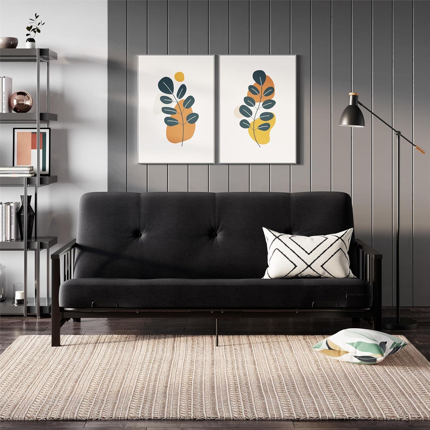 REALROOMS Bretta Contemporary Black Metal Arm Futon Frame