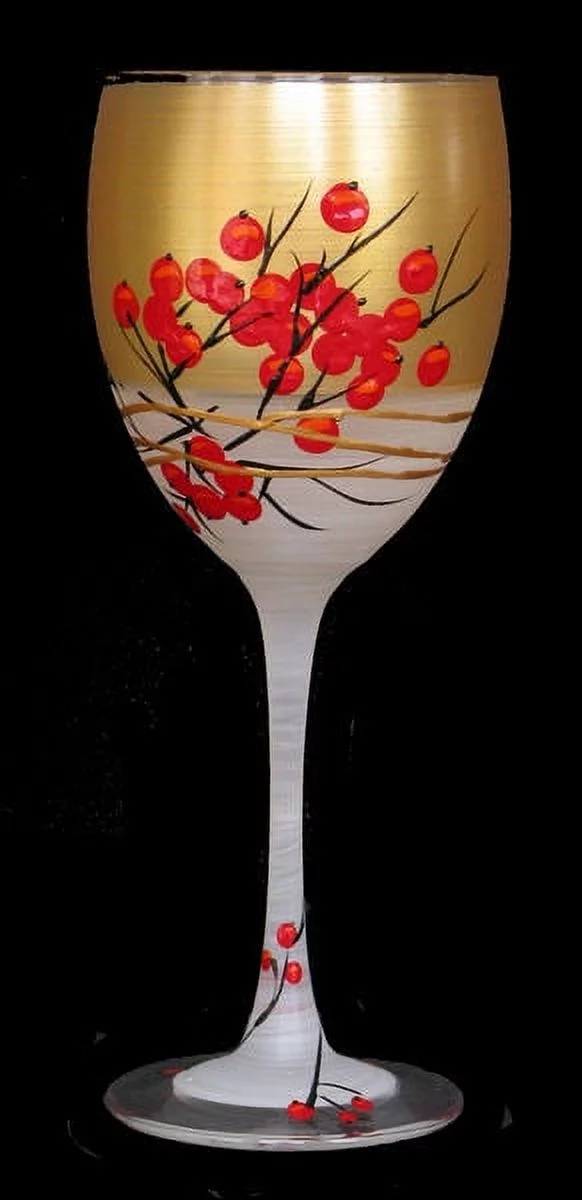 Crafted Creations Set of 2 Gold and Red Berries Hand Painted Wine Drinking Glasses 10.5 oz.