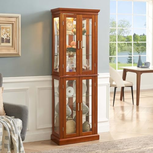 Curio Cabinet Lighted with Adjustable Shelves, Wooden Floor Standing Glass Display Cabinet with Mirrored Back Panel, Curio Showcase Art Wood Storage Case with Tempered Glass Doors (Cherry)