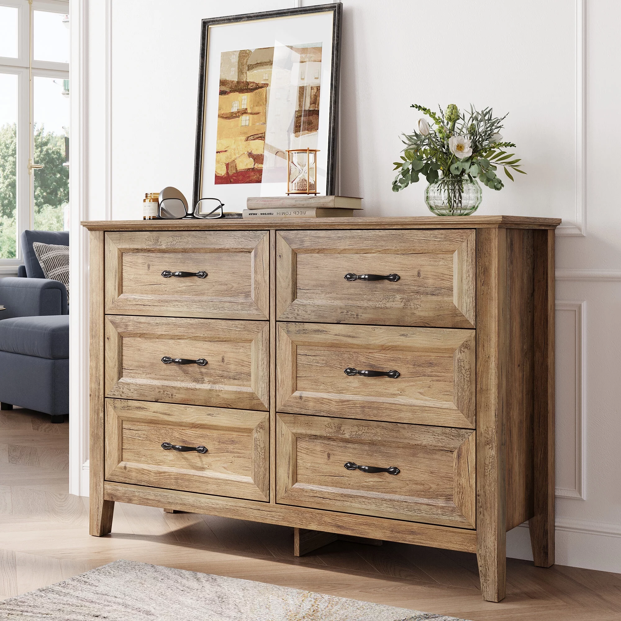 Linsy Home Dresser for Bedroom, 6 Drawer Storage Organizer Tall Wide Double Dressers for Living Room Bedroom Hallway Rustic Oak