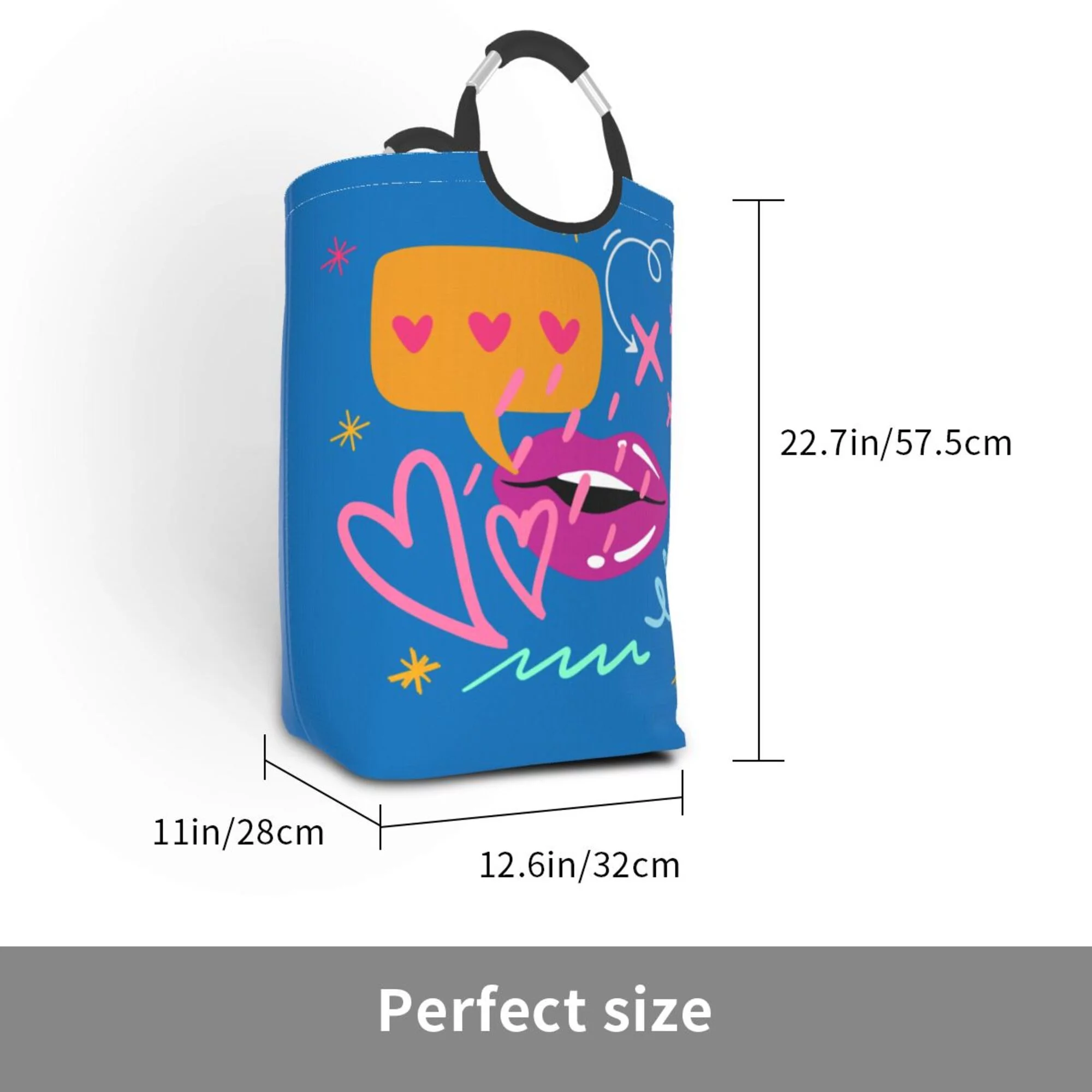 TEQUAN 50L Large Rectangular Laundry Hamper with Aluminum Handles, Love Heart Lips Fashion Symbol Prints Waterproof Foldable Dirty Clothes Basket
