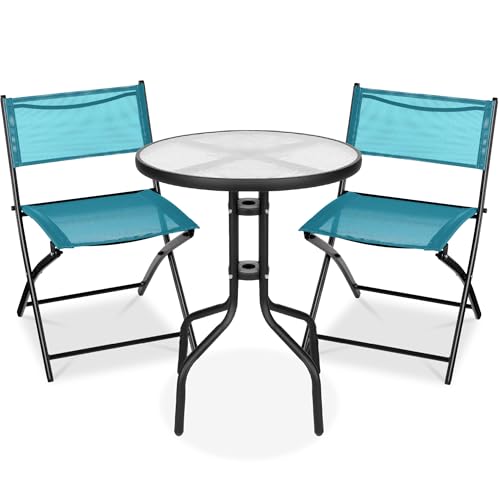 Best Choice Products 3-Piece Patio Bistro Dining Furniture Set w/Glass Tabletop, 2 Folding Chairs, Steel Frame, Polyester Fabric - Gray