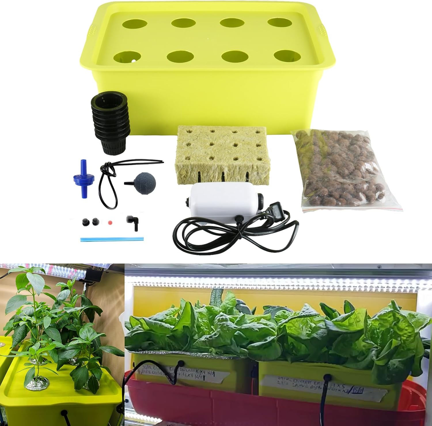 DWC Deep Water Culture Hydroponic System Growing Kit, Medium Size w/Airstone, 6 Plant Sites (Holes) Bucket, Air Pump, Rockwool - Best Indoor Herb Garden for Lettuce, Mint, Parsley (8 Sites)