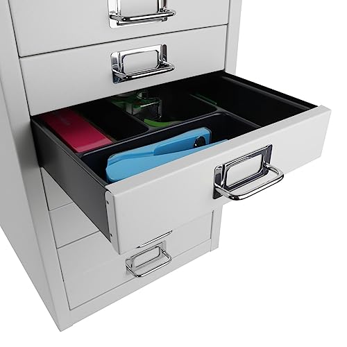 Bisley 10-Drawer Steel MultiDrawer Cabinet - Black, Chrome Pull Handles with Label Holders, Powder-Coated Steel, Removable Drawers, Fits Under Most Desks, Labels Included