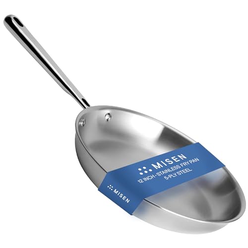 Misen 5-Ply Professional Stainless Steel Pan - Superior Heat Retention & Larger Cooking Surface for Searing & Sautéing - Cool Ergonomic Handle -12 Inch- Mother's Day Gifts