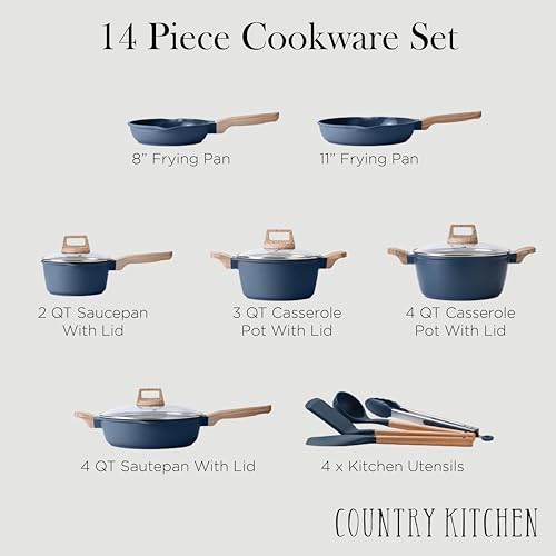 Country Kitchen Pots and Pans Set Nonstick, Cast Aluminum Kitchen Cookware Set with Utensils, 14 Pcs Non Stick Cooking Set w/Frying Pans & Saucepans