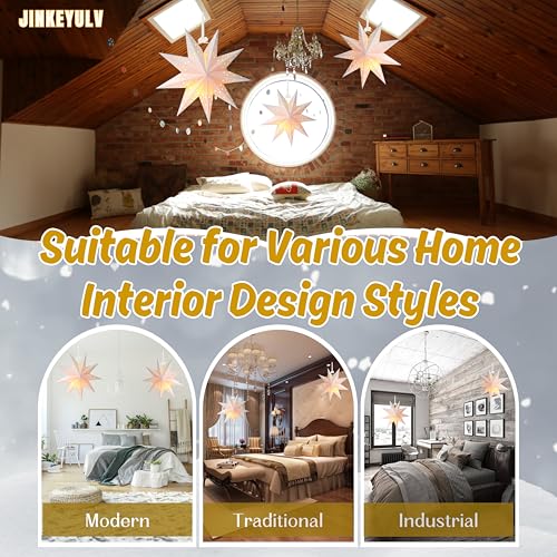 Paper Star Lantern 3PCS Christmas Paper Stars Lantern 13.78 inch 9 Points Paper Star Lantern Hanging 3D Christmas Paper Star Hanging Star Foldable for Wedding Xmas White decoración navideña