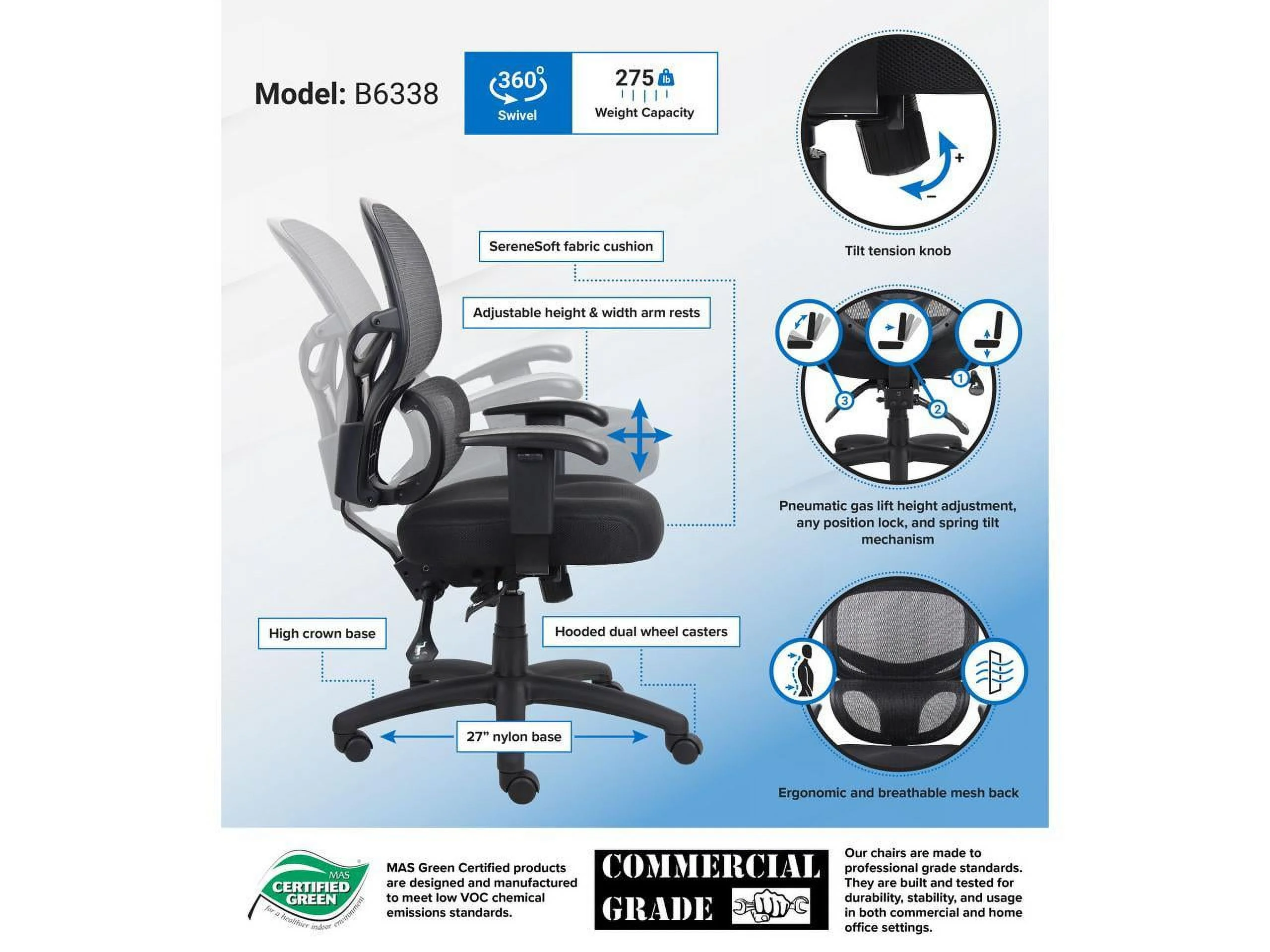 Boss Office Supplies B6338 Multi-Function Mesh Task Chair
