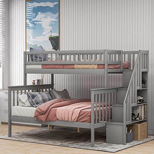 Harper & Bright Designs Bunk Beds Twin Over Full Size, Bunk Bed with Trundle,Storage Shelf and Stairway,Wood Bunk Beds with Full-Length Guard Rail for Kids and Teenagers,No Box Spring Needed, Grey