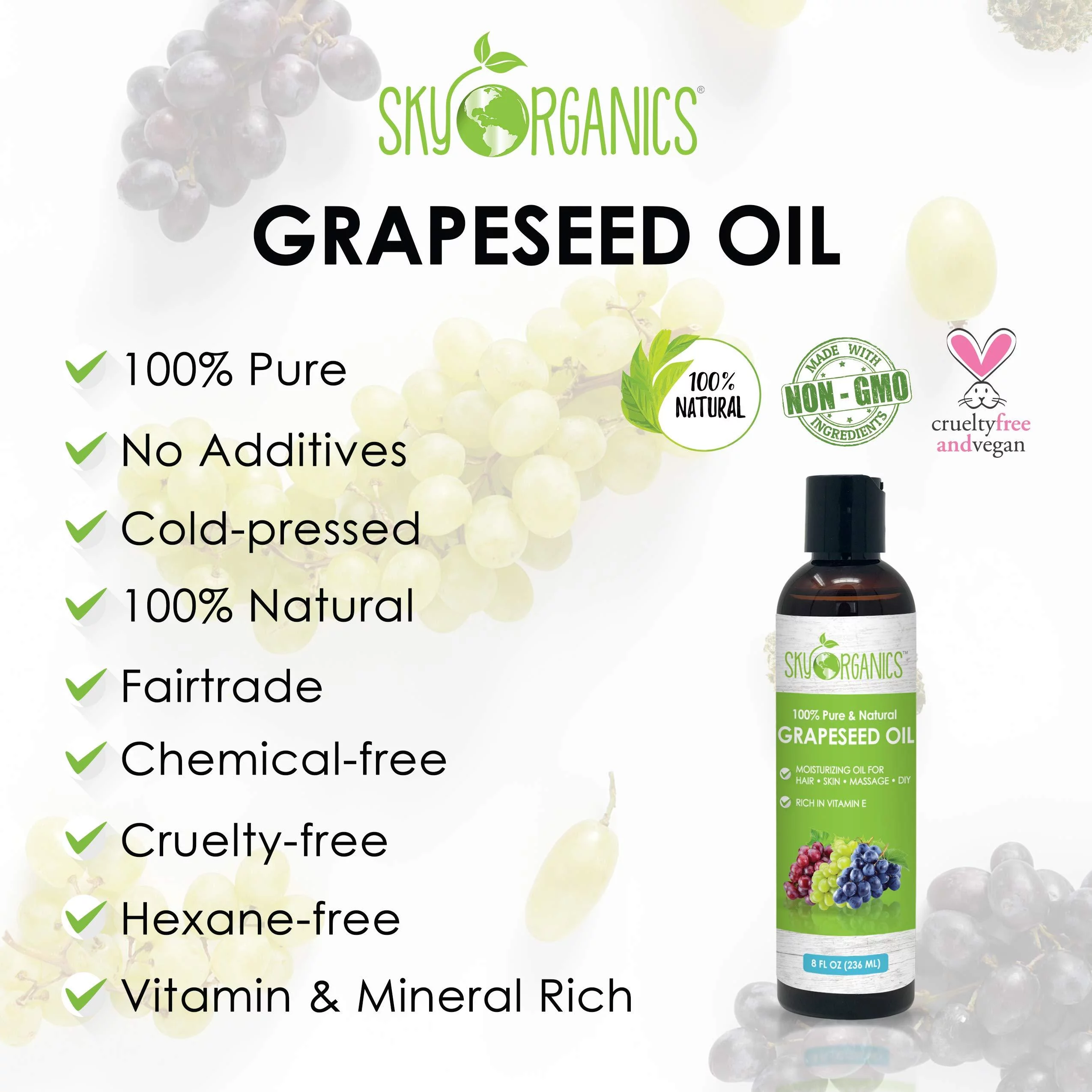 Grapeseed Oil by Sky Organics - 100% Pure, Natural & Cold-Pressed Grapeseed Oil - Ideal for Massage, Cooking and Aromatherapy- Rich in Vitamin A, E and K- Helps Reduce Wrinkles - 8oz