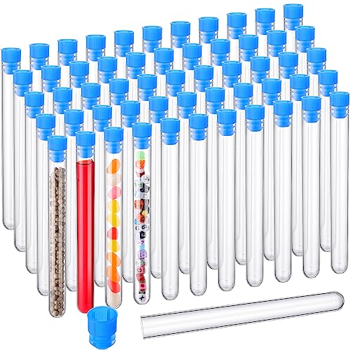 Hoteam 100 Pcs Clear Test Tubes with Lids Plastic Tube Plastic Vials for Scientific Experiments Party Supplies Birthday Candy Storage Seed Beads Powder Spice Liquid (White Lid,16 x 150 mm)
