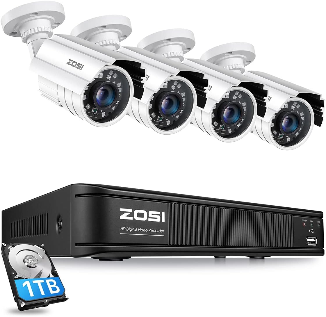 ZOSI H.265+ Full 1080p Home Security Camera System Outdoor Indoor, 5MP-Lite CCTV DVR 8 Channel with Hard Drive 1TB and 4 x 1080p Weatherproof Surveillance Camera with 80ft Night Vision, Motion Alerts