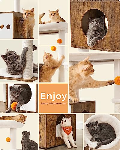 Feandrea Cat Tree with Litter Box Enclosure, 2-in-1 Modern Cat Tower, 70.8-Inch Tall Cat Condo with Scratching Posts, Perch, Caves, Basket, Washable Cushions, Heather Greige UPCT116G01